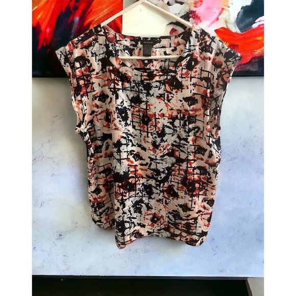 Ann Taylor Top Womens Size Large Tank Sleeveless White Navy Graphic Geometric - Picture 1 of 3